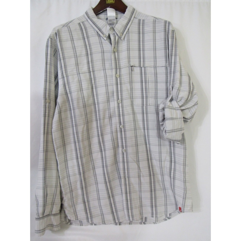 The North Face Gray Mens Shirt Sz L Roll Tab Sleeve Zip Pockets ACCX Button Down